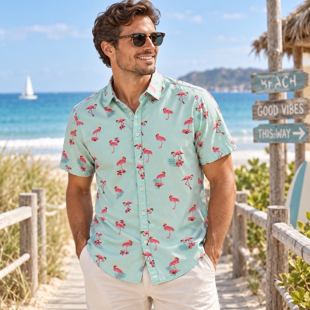 Denim & Flower Flamingo Shirt Men Large Button-Up Shirt Sleeve Tropical Slim Fit